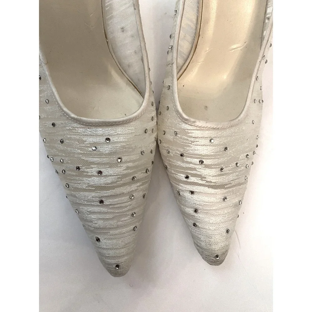 Y2k Lord & Taylor Ivory Rhinestone Pleated Pointed Toe Kitten Heel‎ Pumps 7.5M